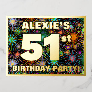 51ste verjaardag: Vette, kleurrijke Fireworks-look Folie Uitnodiging Briefkaart