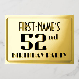 52e verjaardag: Art Deco Kijk "52" en naam Folie Uitnodiging