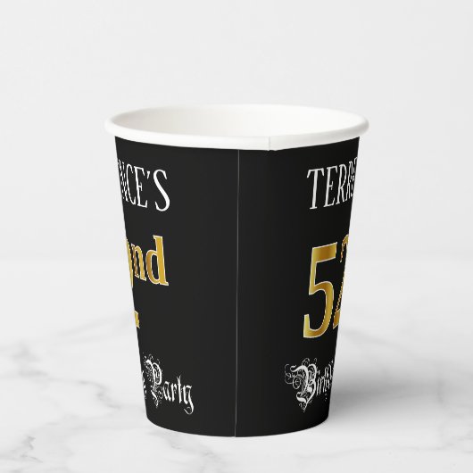 52e verjaardag — Fancy script, Faux Gold look Papieren Bekers (Rechts)
