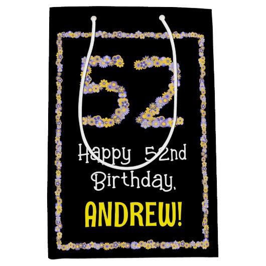 52e verjaardag: Floral Flowers Number, Custom Name Medium Cadeauzakje (Voorkant)