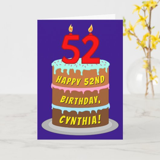 52e verjaardag: Fun Cake and Candles + Custom Name Kaart (Gele Bloem)