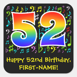 52e verjaardag: Kleurrijke muzieksymbolen, regenbo Vierkante Sticker