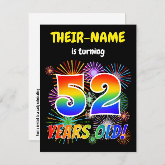 52e verjaardag - Leuk vuurwerk, Rainbow Look "52" Briefkaart (Voorkant / Achterkant)