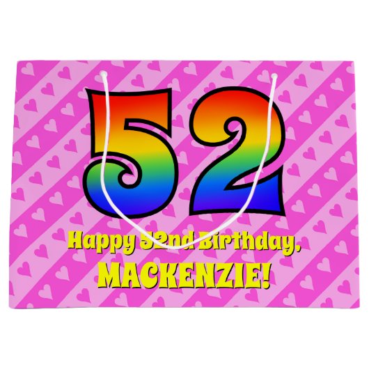 52e verjaardag: roze strips & harten, regenboognr. groot cadeauzakje (Voorkant)