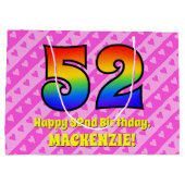 52e verjaardag: roze strips & harten, regenboognr. groot cadeauzakje (Achterkant)