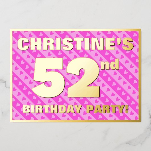 52e verjaardag - vuurroze harten en strips folie uitnodiging (Voorkant)