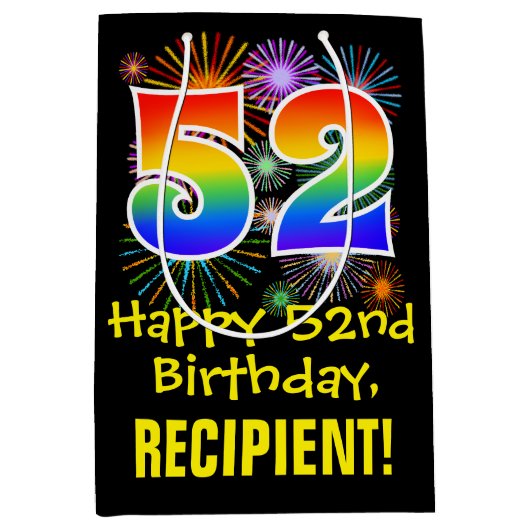 52e verjaardag: Vuurwerk Fun Pattern + Regenboog 5 Medium Cadeauzakje (Voorkant)