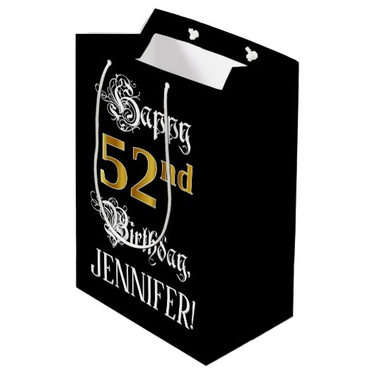 52nd Birthday ~ Fancy Script; Gold Look; Name Medium Cadeauzakje (Achterkant Gekanteld)