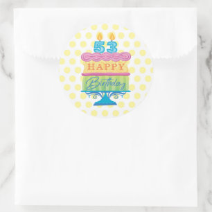 53e Happy Birthday Cake Yellow Stippen Ronde Sticker
