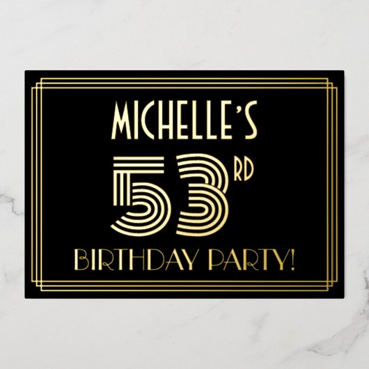 53e verjaardag — Art Deco Style "53" + Naam Folie Uitnodiging (Voorkant)