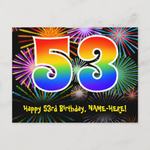 53e verjaardag – leuk vuurwerkpatroon + regenboog  briefkaart