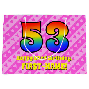 53e verjaardag: roze strips & harten, regenboognr. groot cadeauzakje