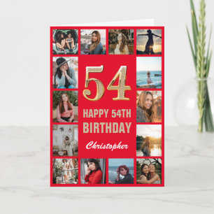 54e Happy Birthday Red en Gold Photo Collage Kaart