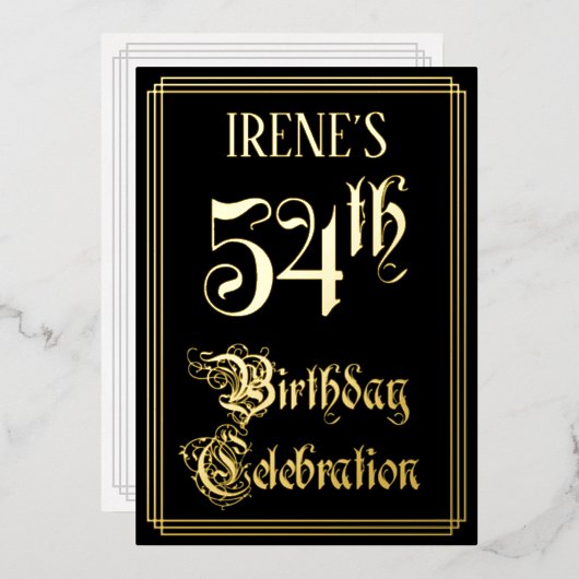 54e verjaardag — Fancy script en aangepaste naam Folie Uitnodiging (Voorkant / Achterkant)