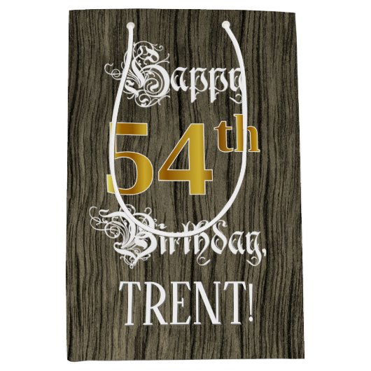 54e verjaardag: Faux Gold look & Faux Wood Pattern Medium Cadeauzakje (Voorkant)