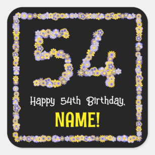 54e verjaardag: Floral Flowers Number, Custom Name Vierkante Sticker