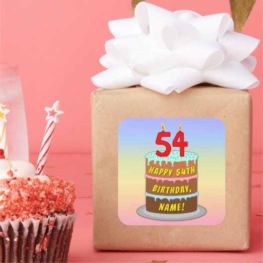 54e verjaardag: Fun Cake and Candles + Custom Name Vierkante Sticker (Feest)
