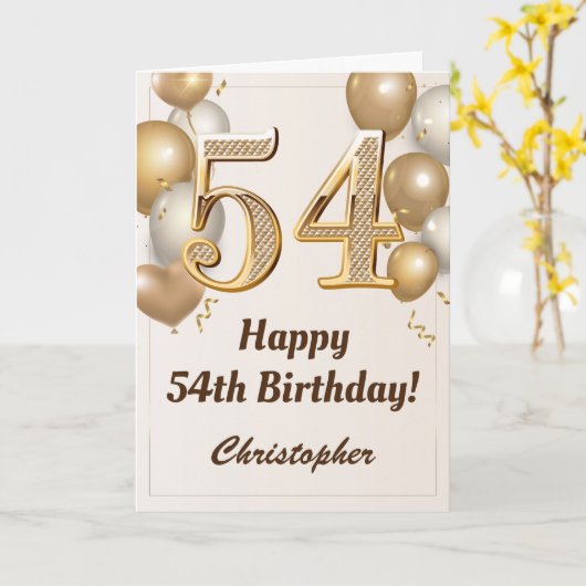 54e verjaardag goudballonnen en Confetti verjaarda Kaart (Gele Bloem)