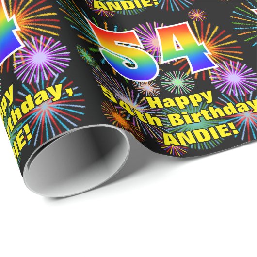 54e verjaardag: vuurwerk, regenboogblik # "54" cadeaupapier (Rol Hoek)