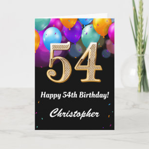 54e verjaardag zwarte en goudkleurige ballonnen kaart