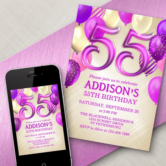 55e anniversaire Ballons roses Invitation