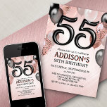 55e anniversaire Rose Gold Ballons Invitation<br><div class="desc">Une fête, une fête entière, et rien d'autre qu'une fête. C'est ce qu'il y a dans cette conception d'anniversaire. Avec ses numéros audacieux et sa typographie élégante entourée de ballons, ce design est aussi chic, tendance et flirtant qu'elle l'est. L'or rose et les couleurs noires confèrent à l'ensemble un aspect...</div>