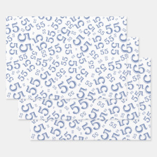 55e Birthday Blue/White Random Number Pattern 55 Inpakpapier Vel