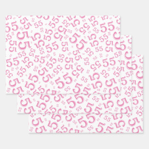 55e Birthday roze/White Random Number Pattern 55 Inpakpapier Vel
