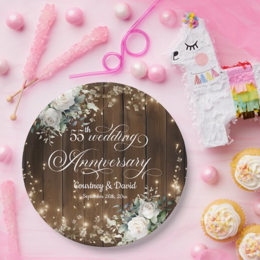 55e bruiloft Jubileum Rustieke String Lights Papieren Bordje (Feest)