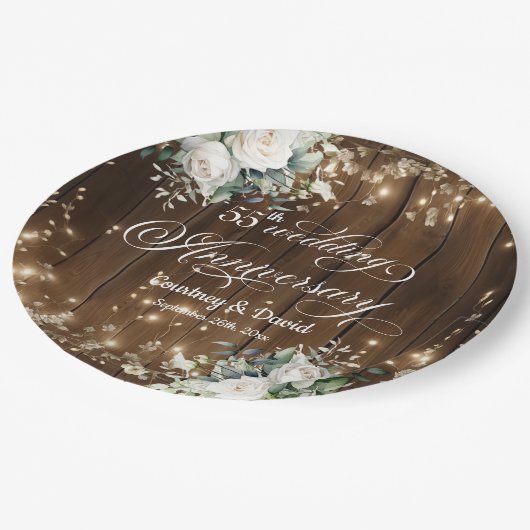 55e bruiloft Jubileum Rustieke String Lights Papieren Bordje (Gekanteld)