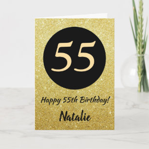55e Happy Birthday Zwart en Goud Glitter Kaart