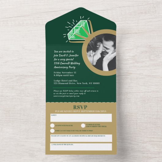 55e trouwdag smaragd gouden ring all in one uitnodiging (Binnen)