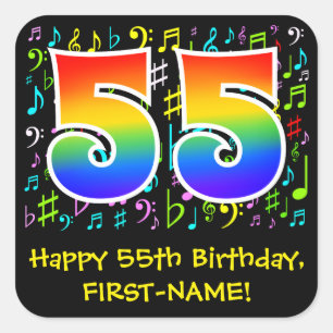 55e verjaardag: Colorful Music Symbols, Rainbow 55 Vierkante Sticker