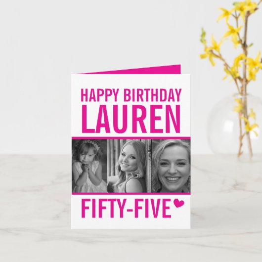 55e verjaardag drie foto's heet roze en wit kaart (Gele Bloem)