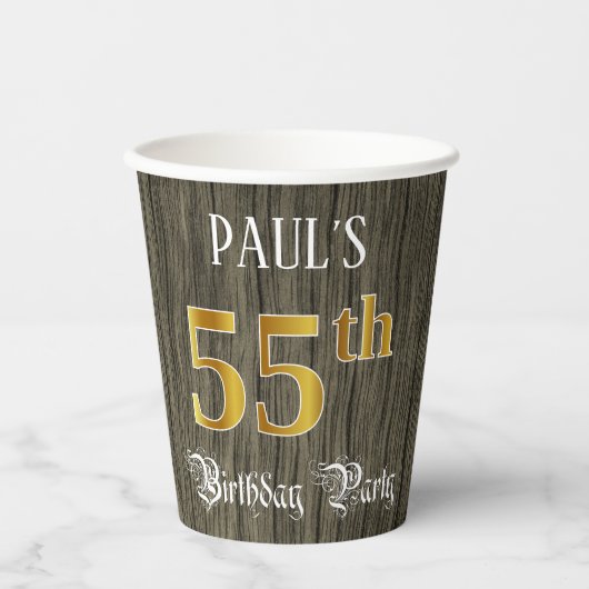 55e verjaardag — Faux Gold & Faux Wood Papieren Bekers (Voorkant)