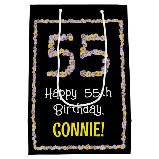 55e verjaardag: Floral Flowers Number, Custom Name Medium Cadeauzakje (Achterkant)