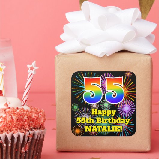 55e verjaardag: Fun Fireworks Kijk, regenboog # 55 Vierkante Sticker (Feest)
