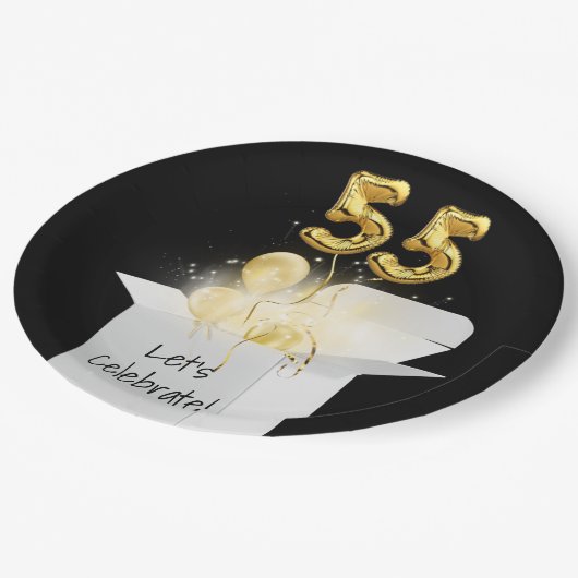 55e verjaardag goudballonnen in witte doos papieren bordje (Gekanteld)