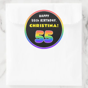55e verjaardag: kleurrijke regenboog # 55, Naam va Ronde Sticker