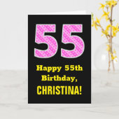 55e verjaardag: Roze strepen en hart "55" + naam Kaart (Gele Bloem)