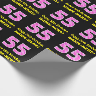 55e verjaardag: Roze strips en harten "55" + Naam Cadeaupapier