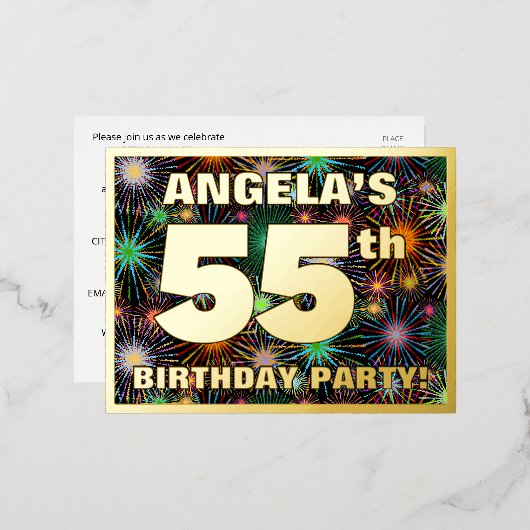 55e verjaardag: Vette, kleurrijke Fireworks-look Folie Uitnodiging Briefkaart (Voorkant / Achterkant)