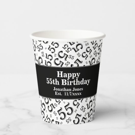 55e verjaardag zwart/wit Random Number Pattern 55 Papieren Bekers (Achterkant)