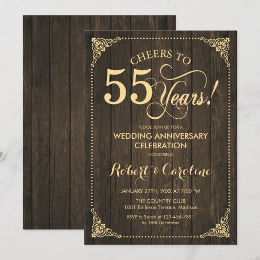 55ste huwelijksjubileum - Goud Hout Kaart (Voorkant / Achterkant)