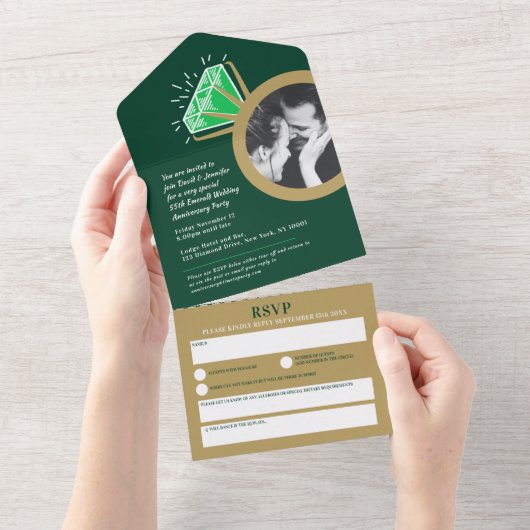 55ste trouwdag-smerald groene gouden ring all in one uitnodiging (Afscheurbaar)