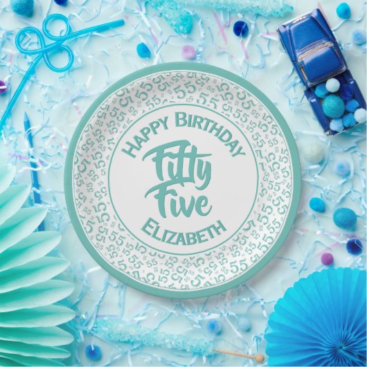 55th Birthday Cool Number Pattern Blauwgroen/Wit Papieren Bordje (Feest)