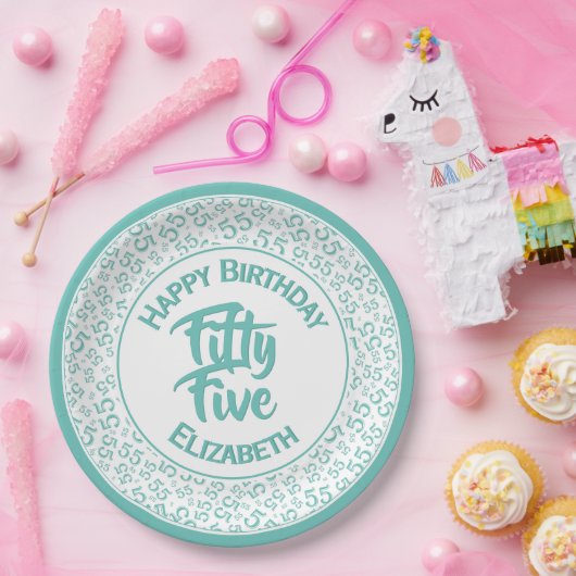 55th Birthday Cool Number Pattern Blauwgroen/Wit Papieren Bordje (Feest)