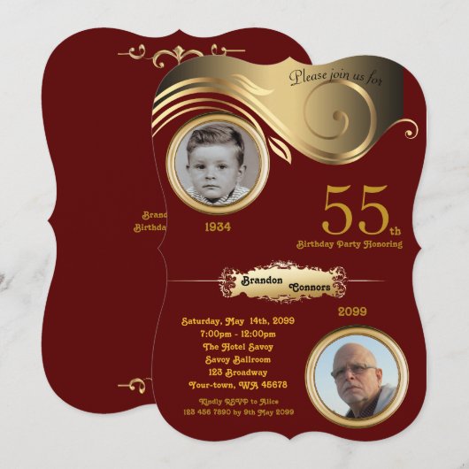 55th, Birthday Man age, art deco, Bordeaux gold Kaart (Voorkant / Achterkant)