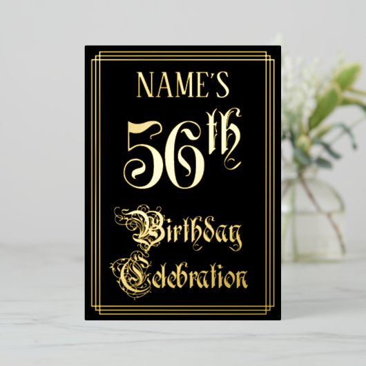 56e verjaardag — Fancy script en aangepaste naam Folie Uitnodiging (Staand Voorkant)