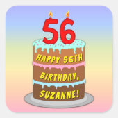 56e verjaardag: Fun Cake and Candles + Custom Name Vierkante Sticker (Voorkant)